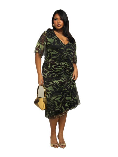 Plus Size Zebra Print Mesh Midi Dress