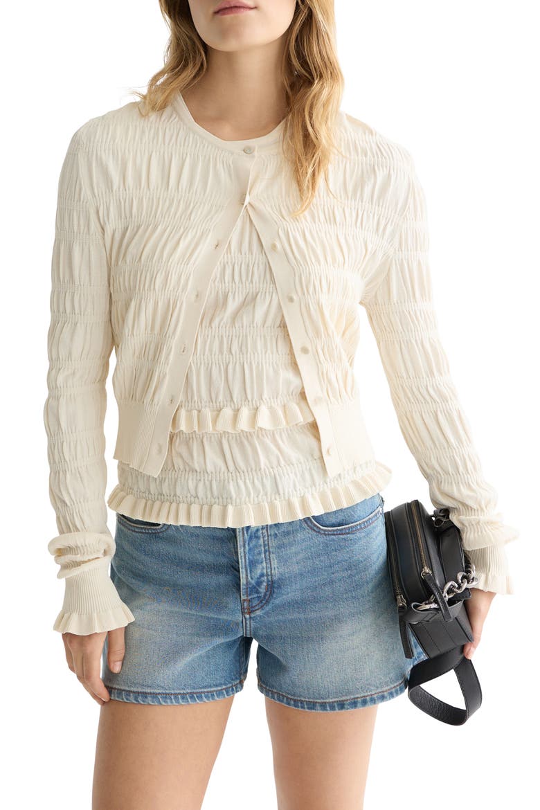 Smocked Crewneck Cardigan, Main, color, EGGNOG