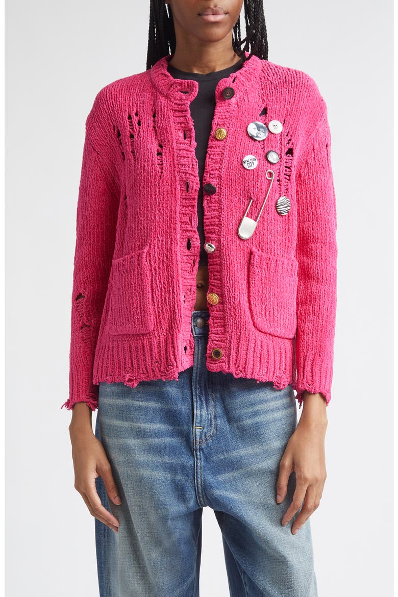 Button Detail Ripped Cotton Cardigan, Main, color, PINK