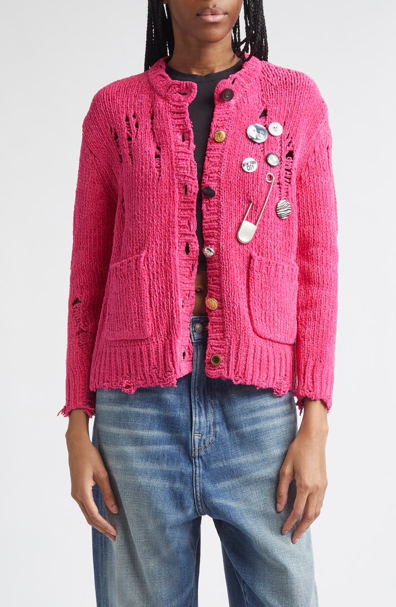 R13 Button Detail Ripped Cotton Cardigan, Main, color, Pink