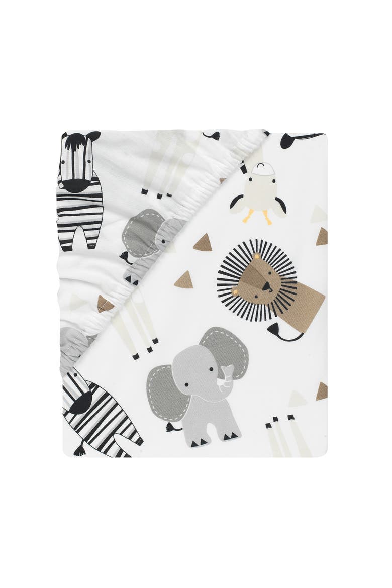 Jungle Safari 100% Cotton Elephant/Lion Fitted Crib Sheet, Alternate, color, White Multi