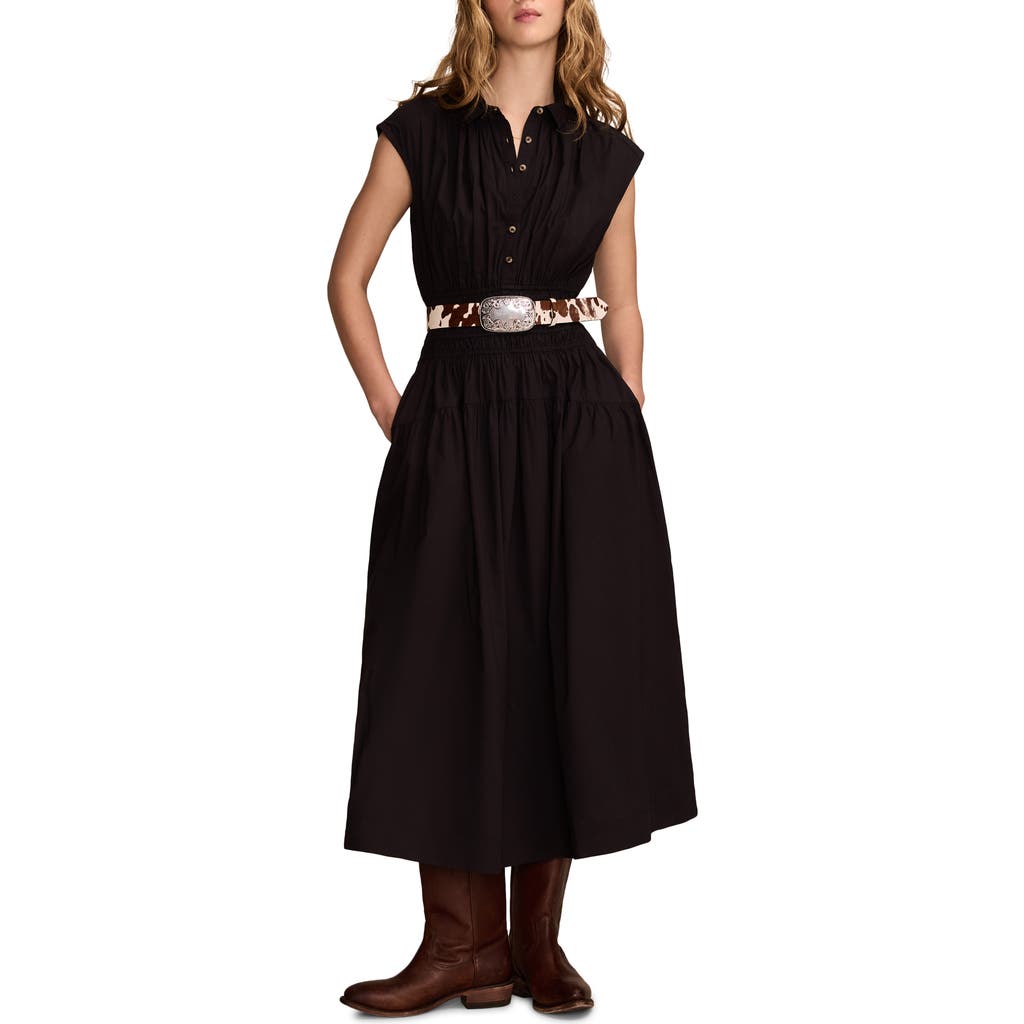 LUCKY BRAND LUCKY BRAND SMOCKED WAIST SLEEVELESS MIDI SHIRTDRESS