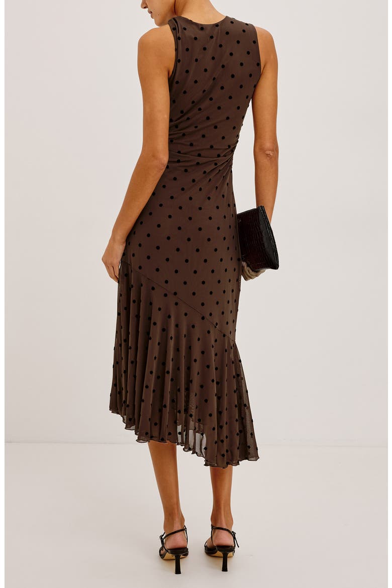 Daija Polka Dot Sleeveless Asymmetric Midi Dress, Alternate, color, CHOCOLATE POLKA DOT