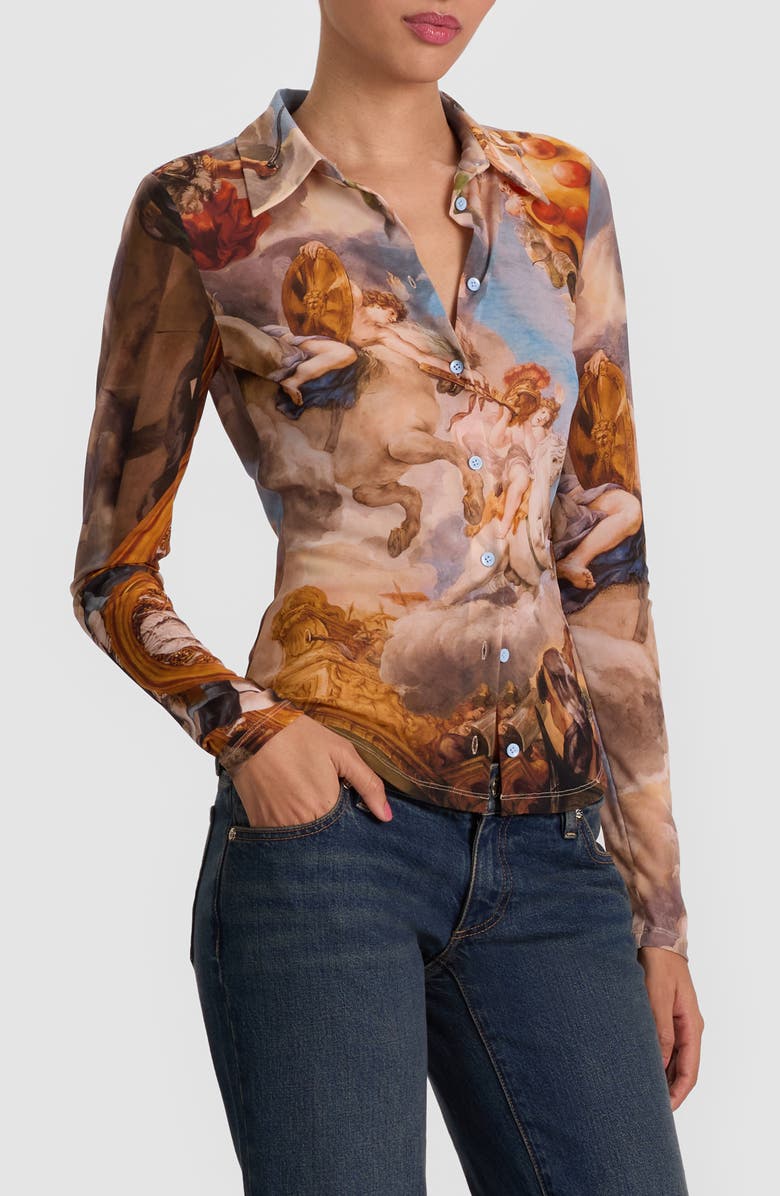 Alice + Olivia Jade Mesh Button-Up Shirt, Alternate, color, Renaissance Fair