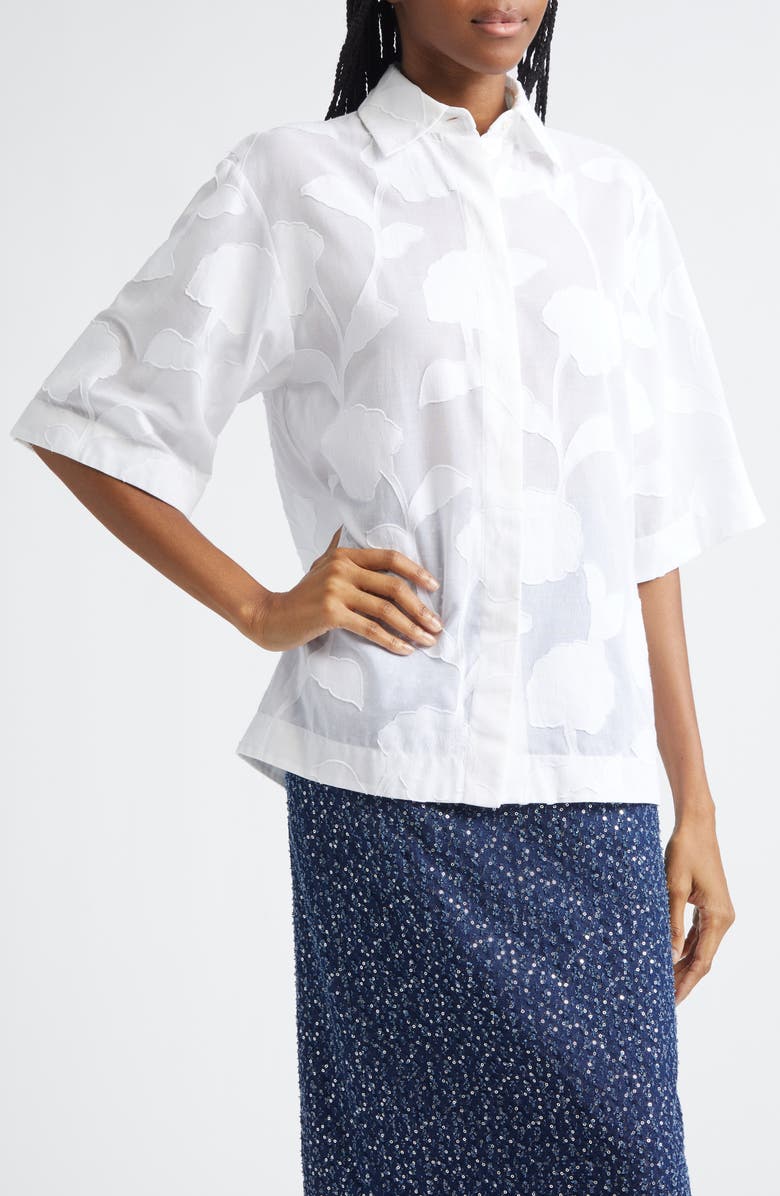 Michael Kors Collection Floral Cotton Jacquard Button-Up Shirt, Alternate, color, Optic White