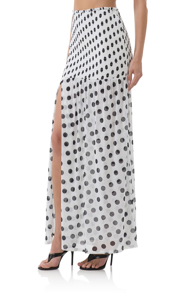 AFRM Quincy Print Smocked Mesh Maxi Skirt, Alternate, color, Blancdot