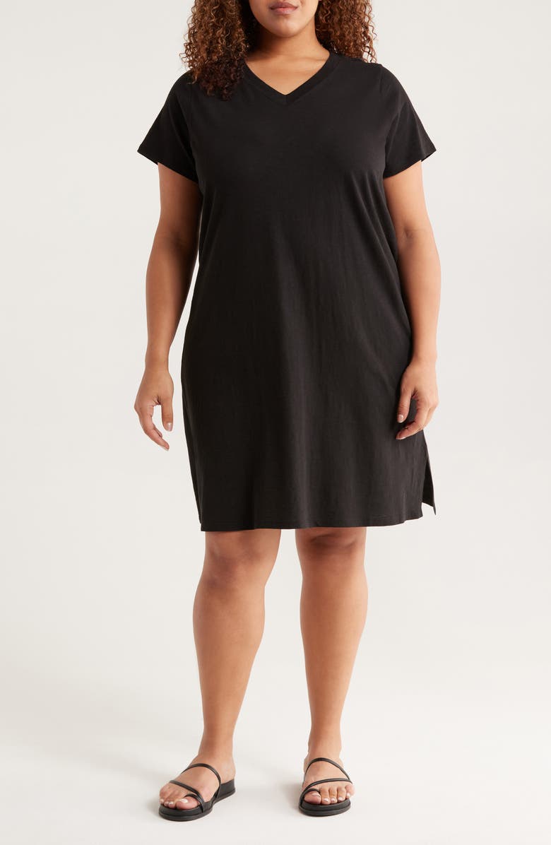 Eileen Fisher V-Neck Organic Cotton T-Shirt Dress, Main, color, Black