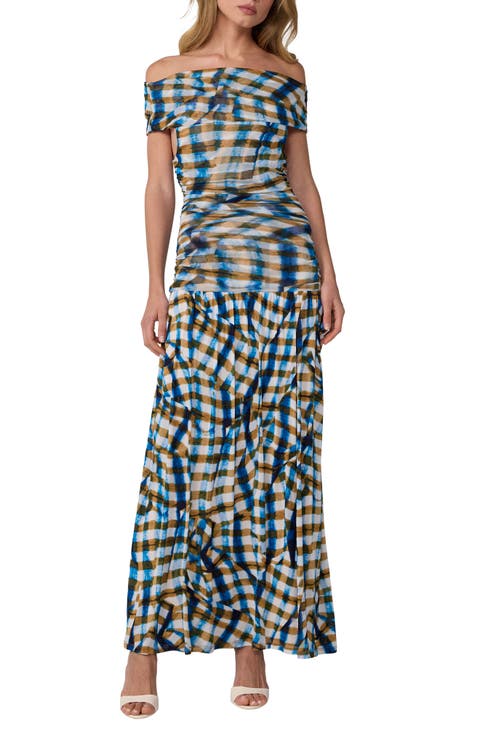 Cynthia Plaid Off the Shoulder Drop Waist Dress