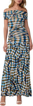 Diane von Furstenberg Cynthia Plaid Off the Shoulder Drop Waist Dress
