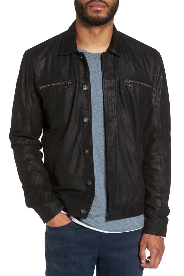 Leather Trucker Jacket, Main, color, BLACK