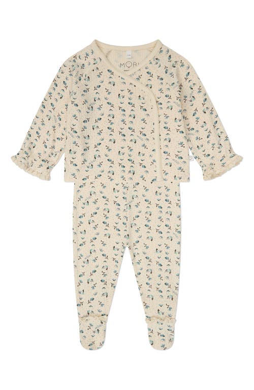 Mori Floral Snap Cardigan & Footed Leggings Set In Cream Frill