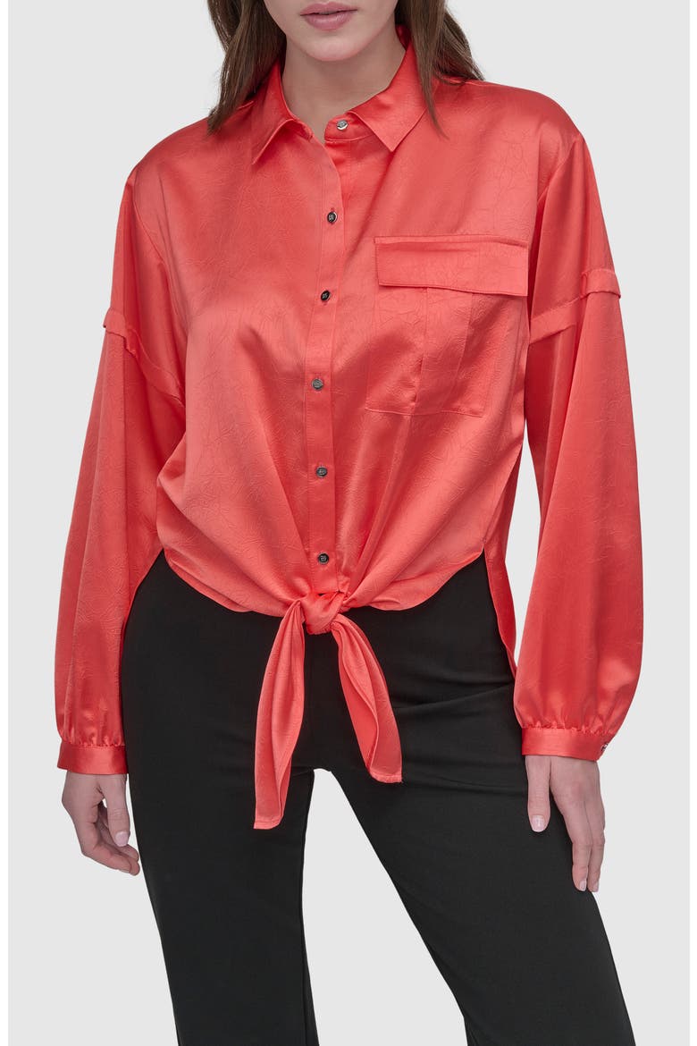 Tie Front Satin Shirt, Main, color, CORAL CRUS