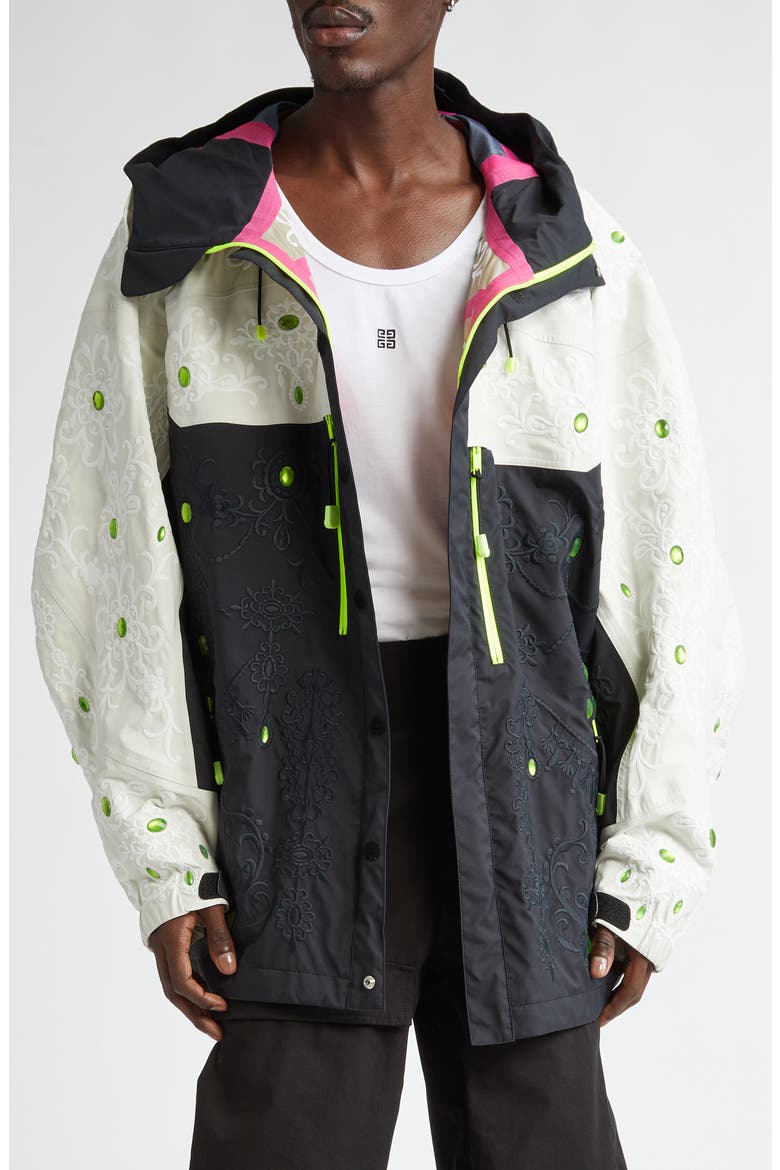 Floral Embroidered Colorblock Hooded Jacket, Main, color, BLACK/ WHITE