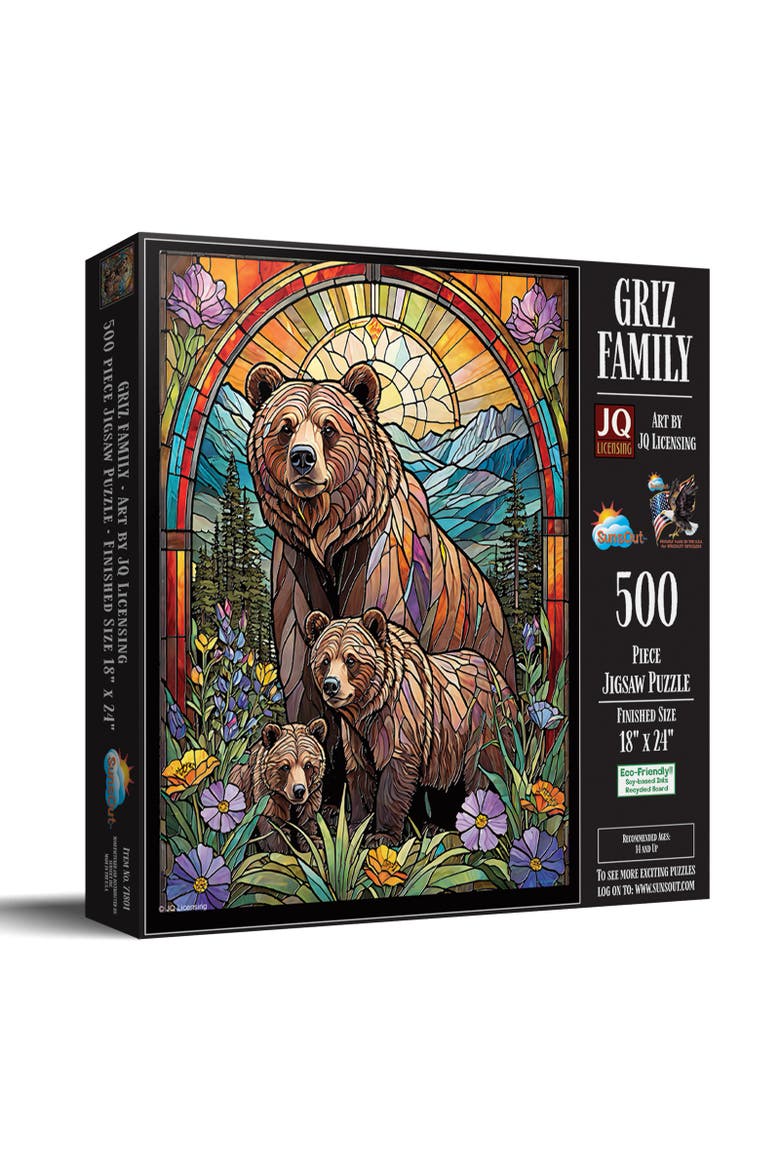 Griz Family Stained Glass Bears 500 piece Jigsaw Puzzle for Adults, Main, color, Multicolor