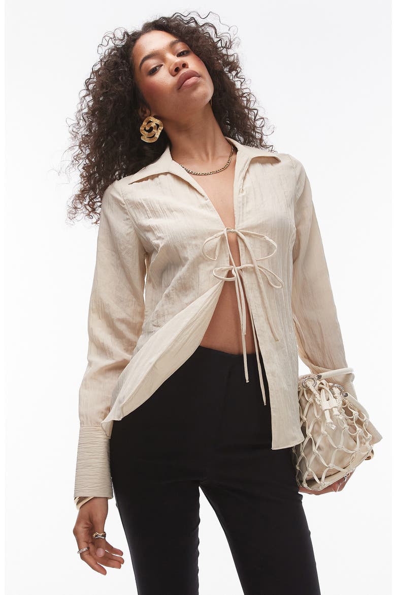 Crinkle Tie Front Top, Main, color, STONE
