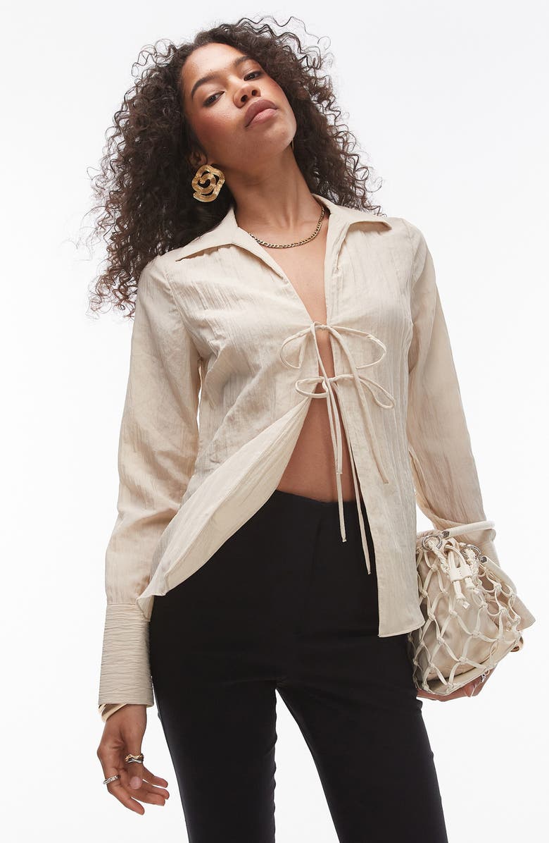 Topshop Crinkle Tie Front Top, Main, color,