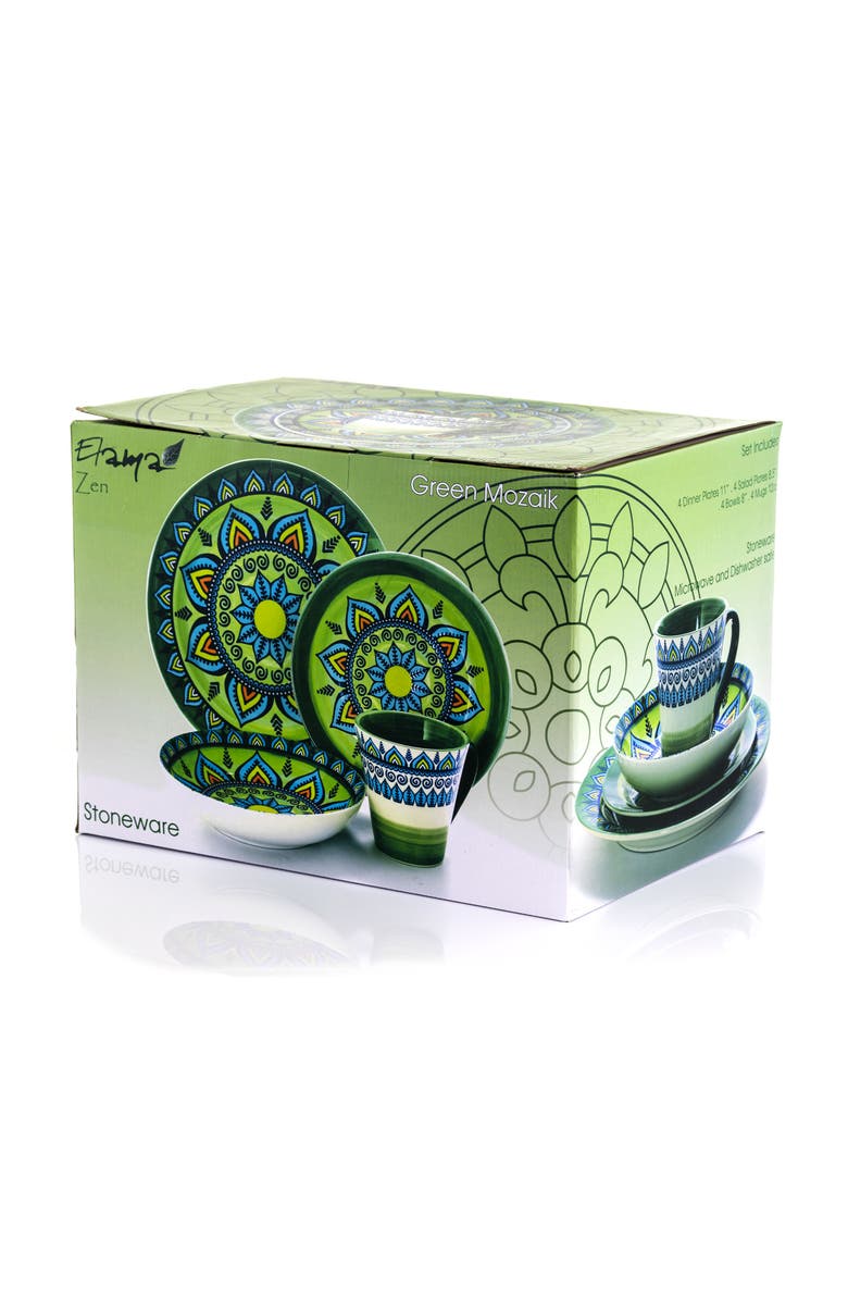 Elama Zen Green Mozaik 16 Piece Luxurious Stoneware Dinnerware with Complete Setting for 4, 16pc, Alternate, color, Green