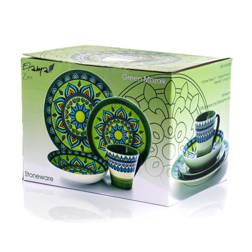 Elama Zen Mozaik 16pc 3-tier Stoneware Dinnerware Set In Green