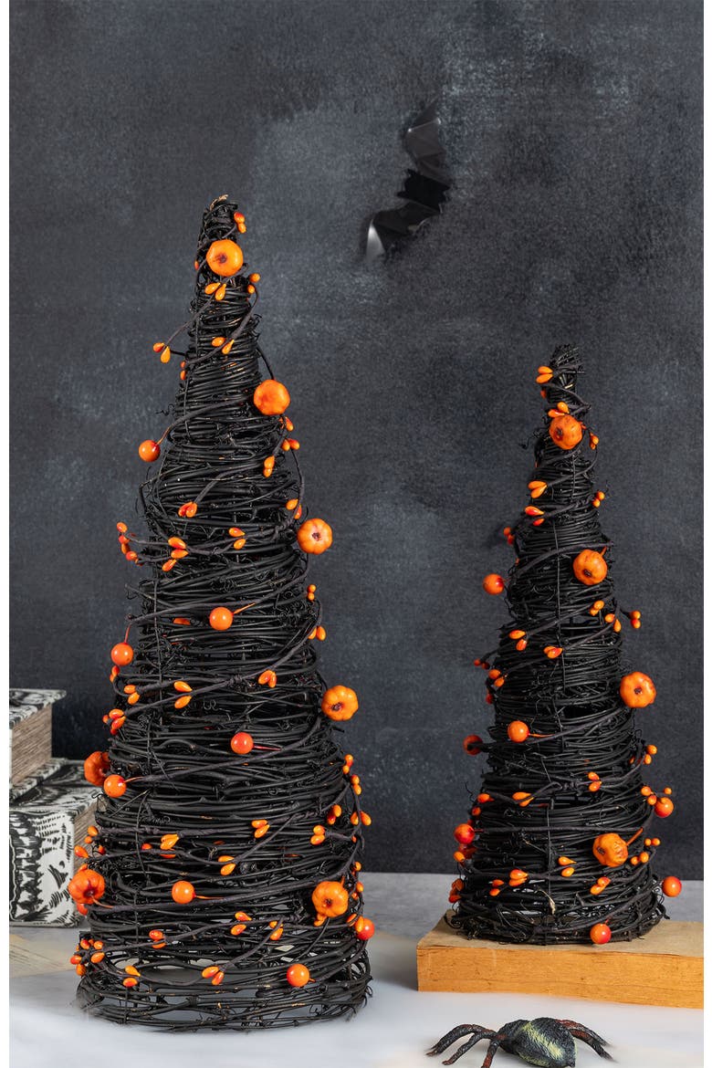 Set of 2 Halloween Eucalyptus With Bats Pumpkin Cone Table Trees, Alternate, color, Black