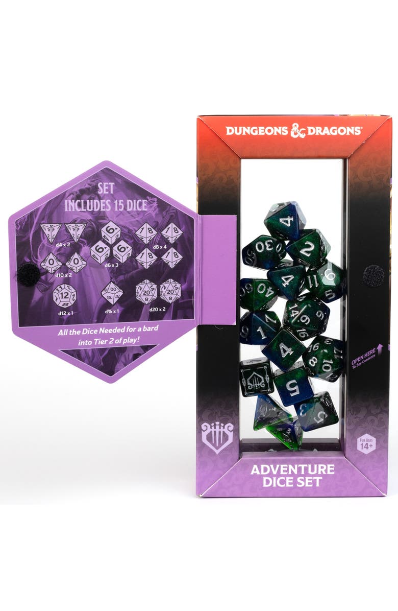 Dungeons & Dragons D&D Adventure Dice Bard Blue & Green, 15Pc Rpg Set, Alternate, color, Multicolored