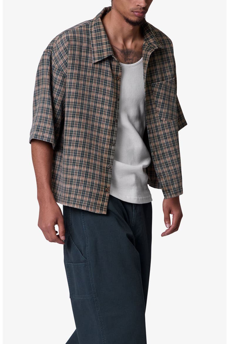 Oversize Crop Plaid Short Sleeve Button-Up Shirt, Alternate, color, GREEN/ BROWN