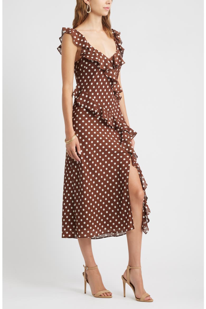 Ruffle Midi Dress, Alternate, color, BROWN POLKA DOT
