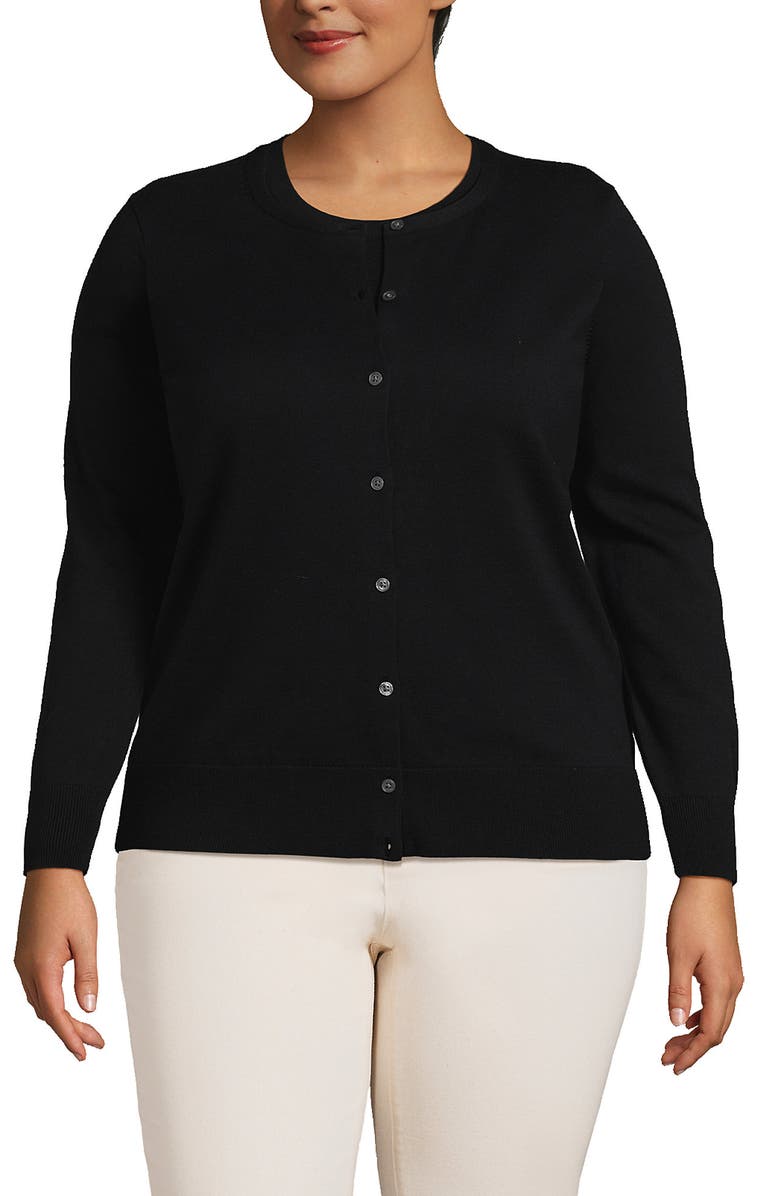 Lands' End Plus Size Fine Gauge Cotton Cardigan Sweater, Main, color, Black