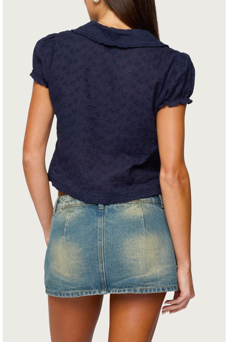 Lanie Eyelet Short Sleeve Crop Button-Up Shirt, Alternate, color, NAVY