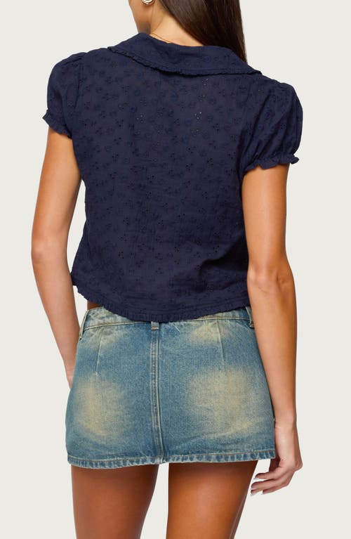Edikted Lanie Eyelet Short Sleeve Crop Button-up Shirt In Blue