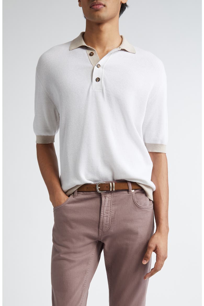 Cotton & Virgin Wool Polo Sweater, Main, color, 01-02 WHITE AND BEIGE