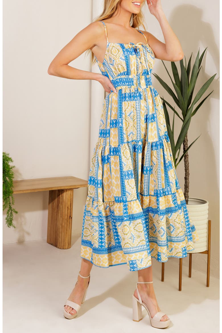 Patchwork Print Tiered Midi Dress, Alternate, color, BLUE/ IVORY