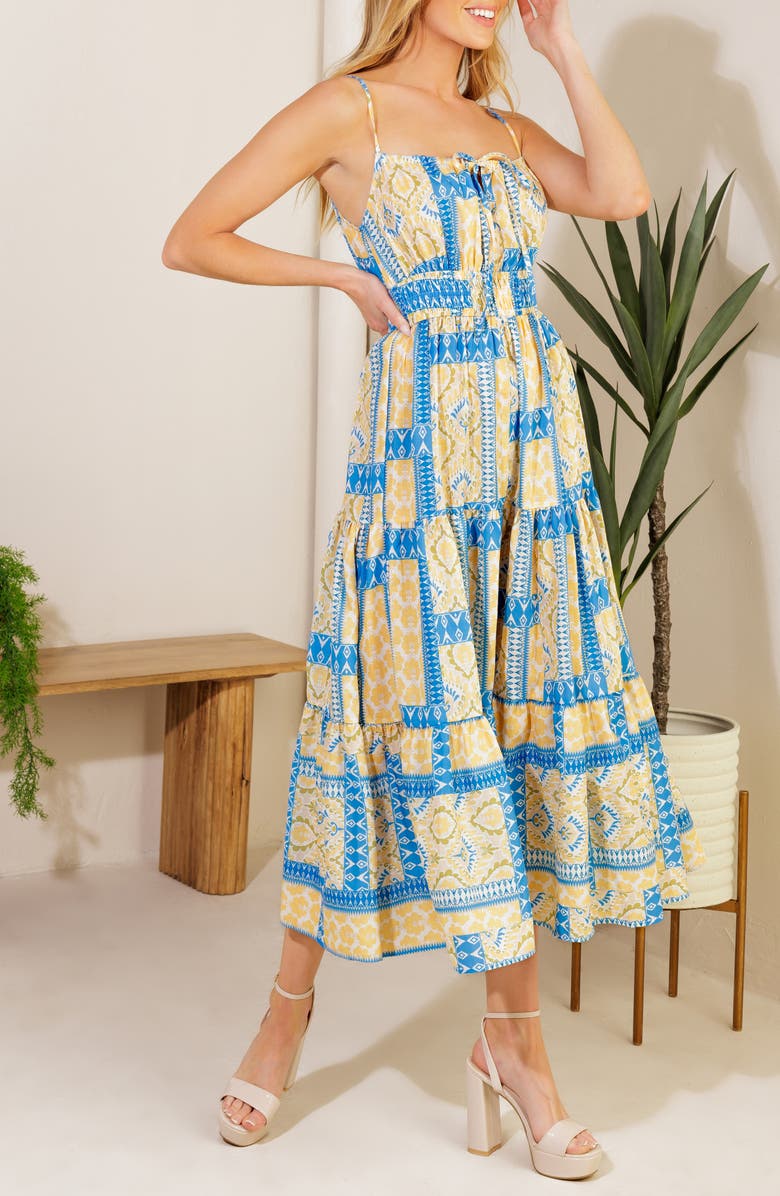FLYING TOMATO Patchwork Print Tiered Midi Dress, Alternate, color, Blue/ Ivory