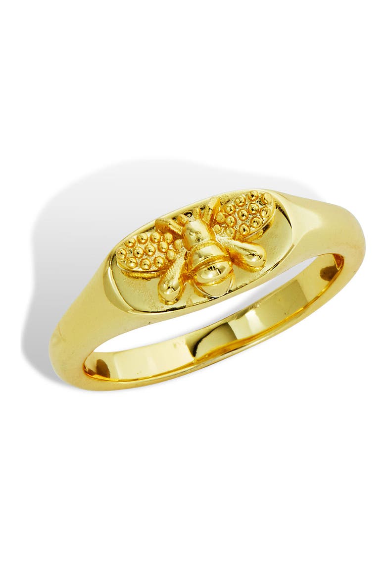 14K Gold Plated Bee Signet Ring, Main, color, GOLD