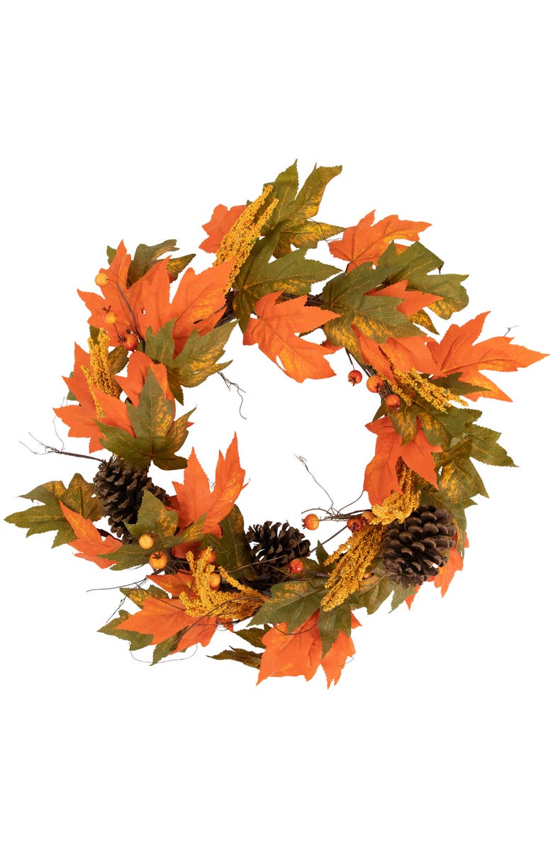 Northlight Maple Leaves Pinecones and Berries Artificial Fall Harvest Wreath - 24", Main, color, 