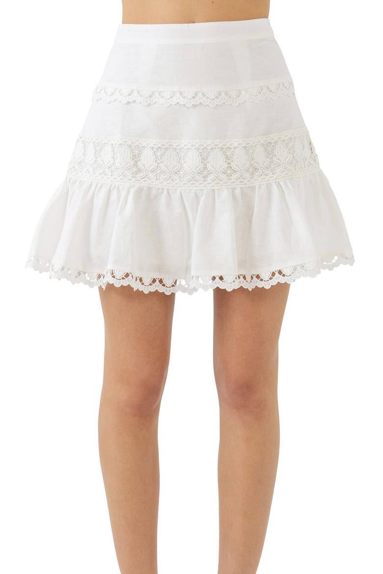 Lace Trim Cotton & Linen Miniskirt, Alternate, color, WHITE