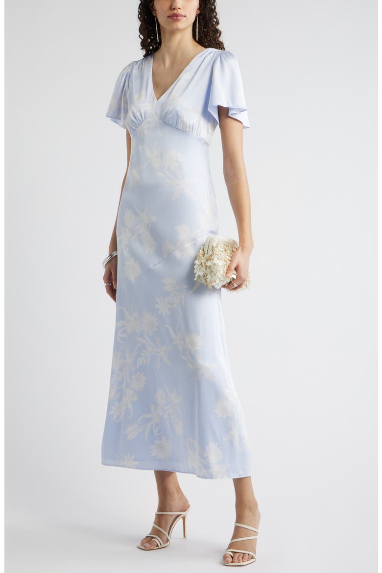 Flutter Sleeve Satin Maxi Dress, Alternate, color, BLUE BOHEM SHADOW