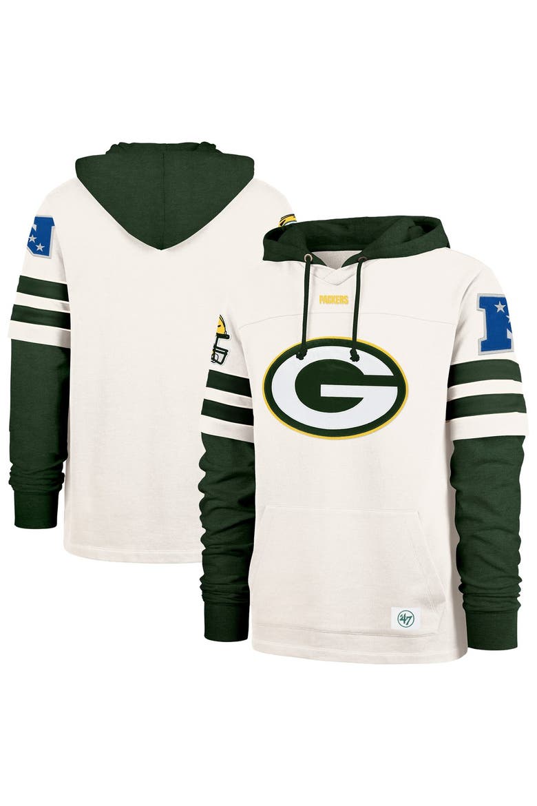 Men's '47  Cream Green Bay Packers Split Zone Cornerback Duo Lacer Hoodie, Main, color, Cream