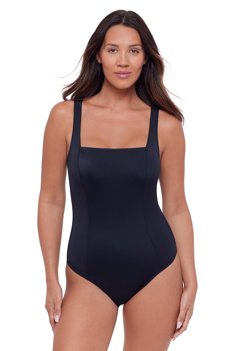 Smoothing and Sculpting Square-Neck Lace-Up Back One-Piece Swimsuit, Main, color, Onyx Black