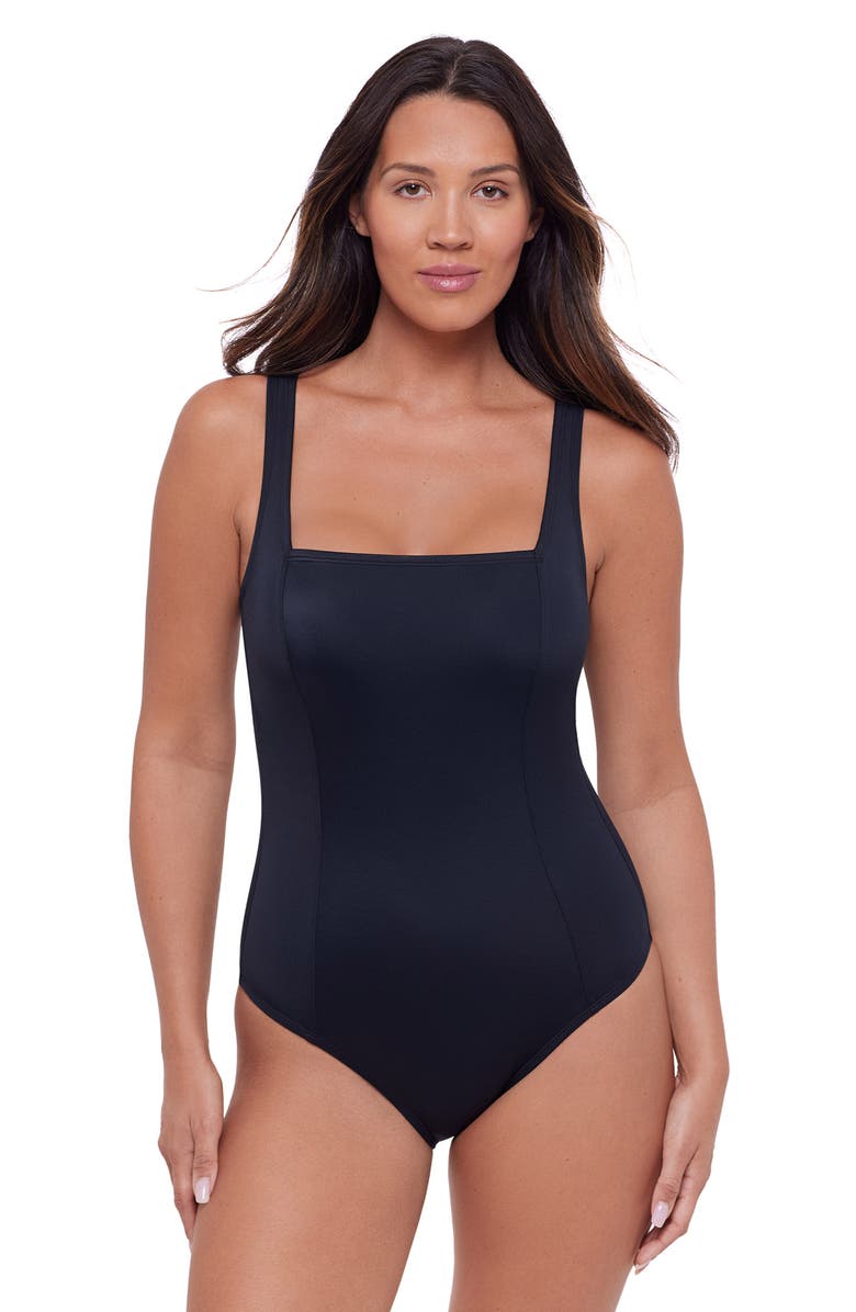 S3 Apparel Square Neck Lace-Up Back One Piece Swimsuit, Main, color, Onyx Black