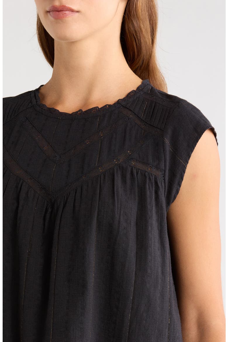 Lace Inset Yoke Metallic Cotton Top, Alternate, color, CAVIAR