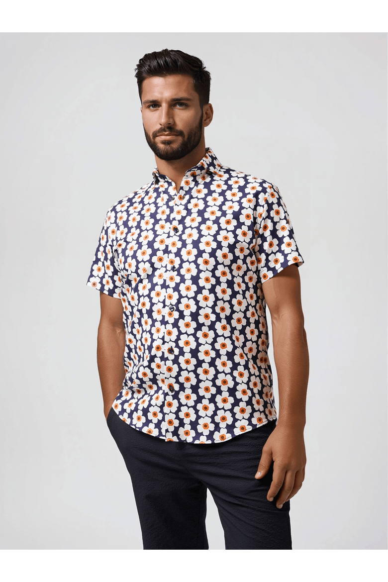 Tencel Stretch Oversized Floral SS Button-Up Shirt, Main, color, Navy
