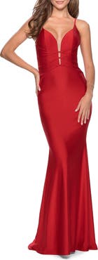 La Femme Long Dress with Knotted Detail and Lace Up Back