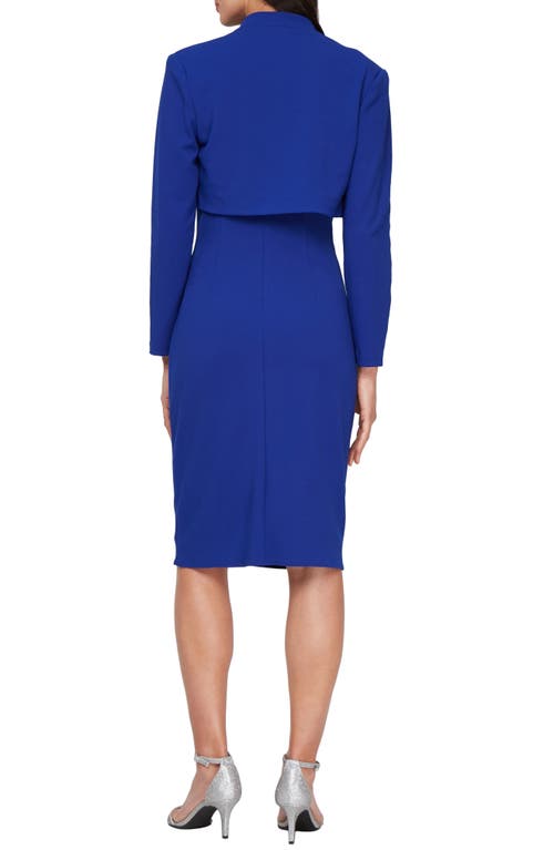 Alex Evenings Rosette Stretch Crepe Cocktail Dress With Bolero Jacket In Blue