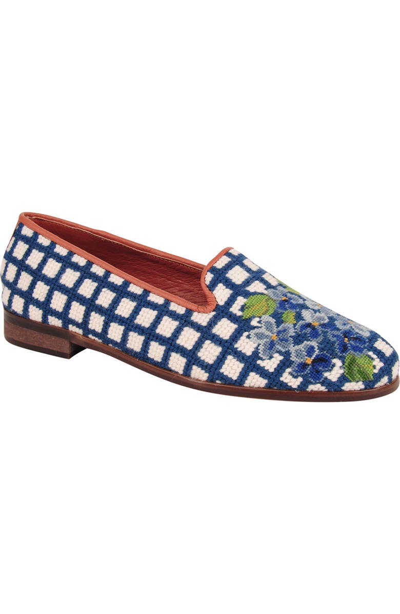 ByPaige Needlepoint Checkered Hydrangea Flat, Main, color, Hydrangea Blue