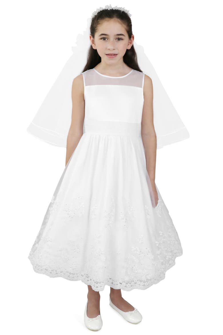 Kids' Betty Satin & Organza Tea Length Communion Dress, Main, color, WHITE