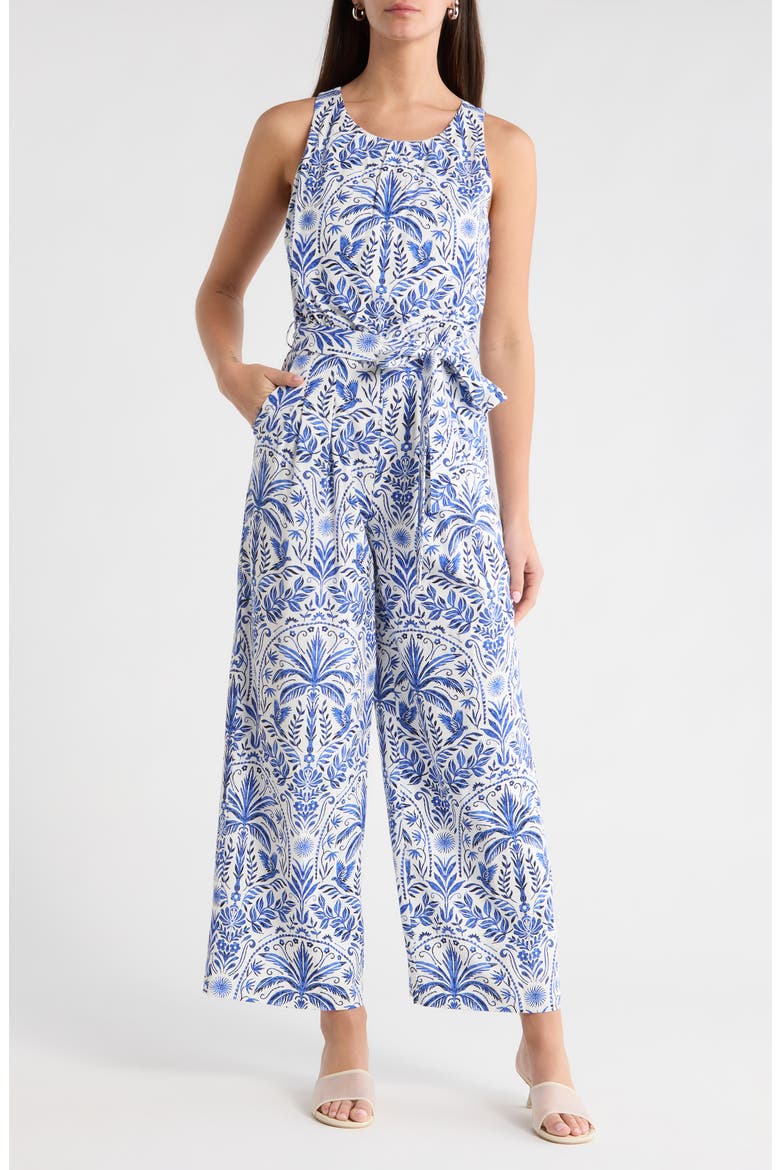 Romina Tropical Jora Belted Jumpsuit, Main, color, WHITE BLUE-MULTI