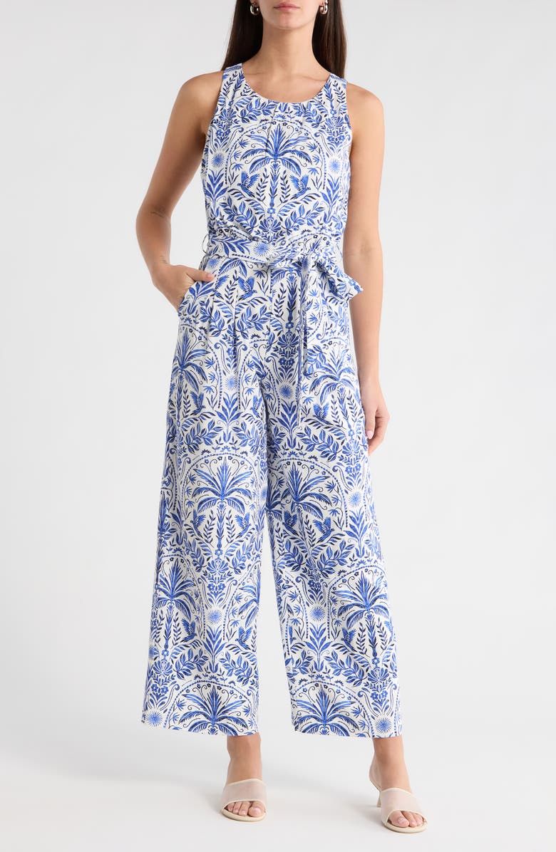SUGARLIPS Romina Tropical Jora Belted Jumpsuit, Main, color, White Blue-Multi