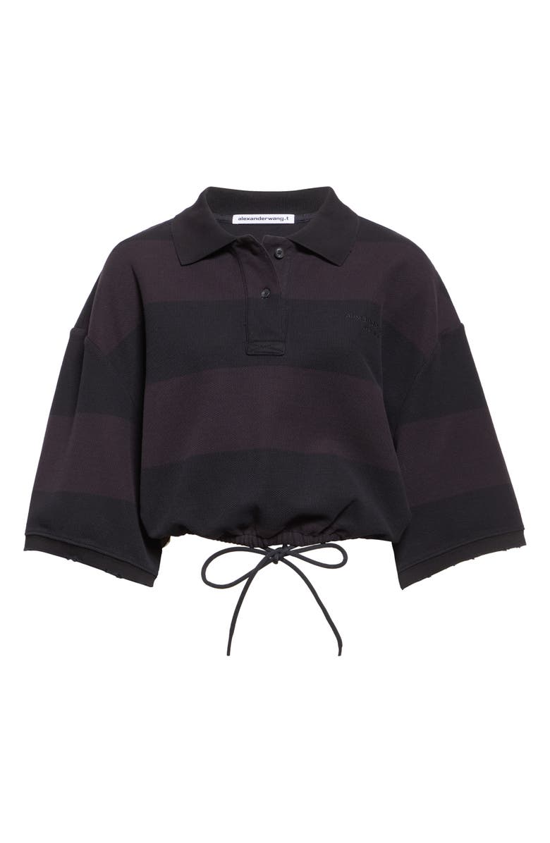 Alexander Wang Deconstructed Crop Piqué Polo, Alternate, color, Black Overdyed Stripe