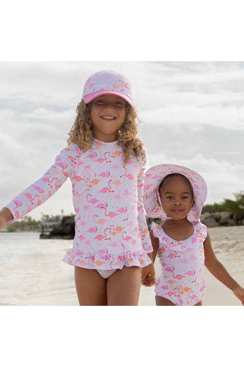 Sustainably Made UPF 50+ Girls' Ruffle Rash Guard Swim Top, Alternate, color, Flamingo Love