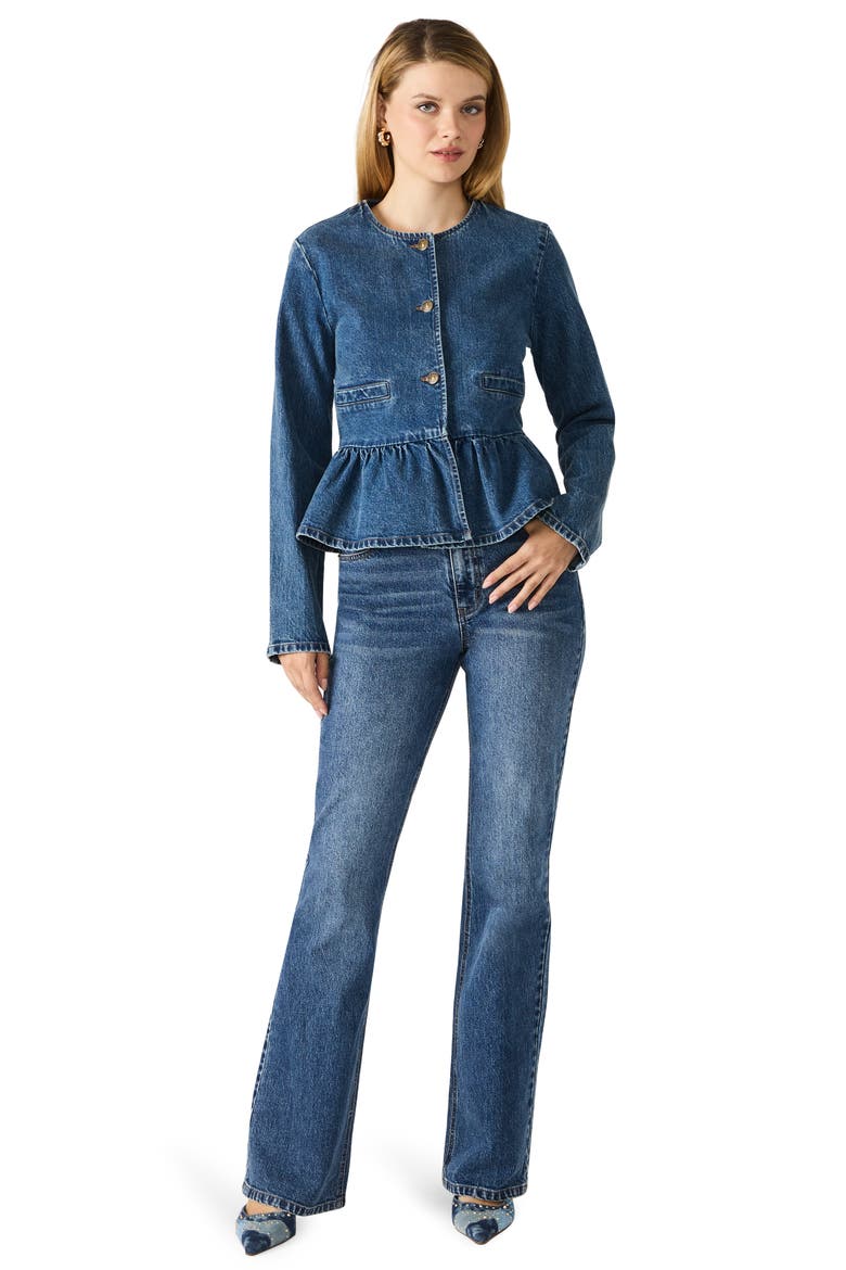 Abigale Peplum Denim Jacket, Alternate, color, DARK NAVY